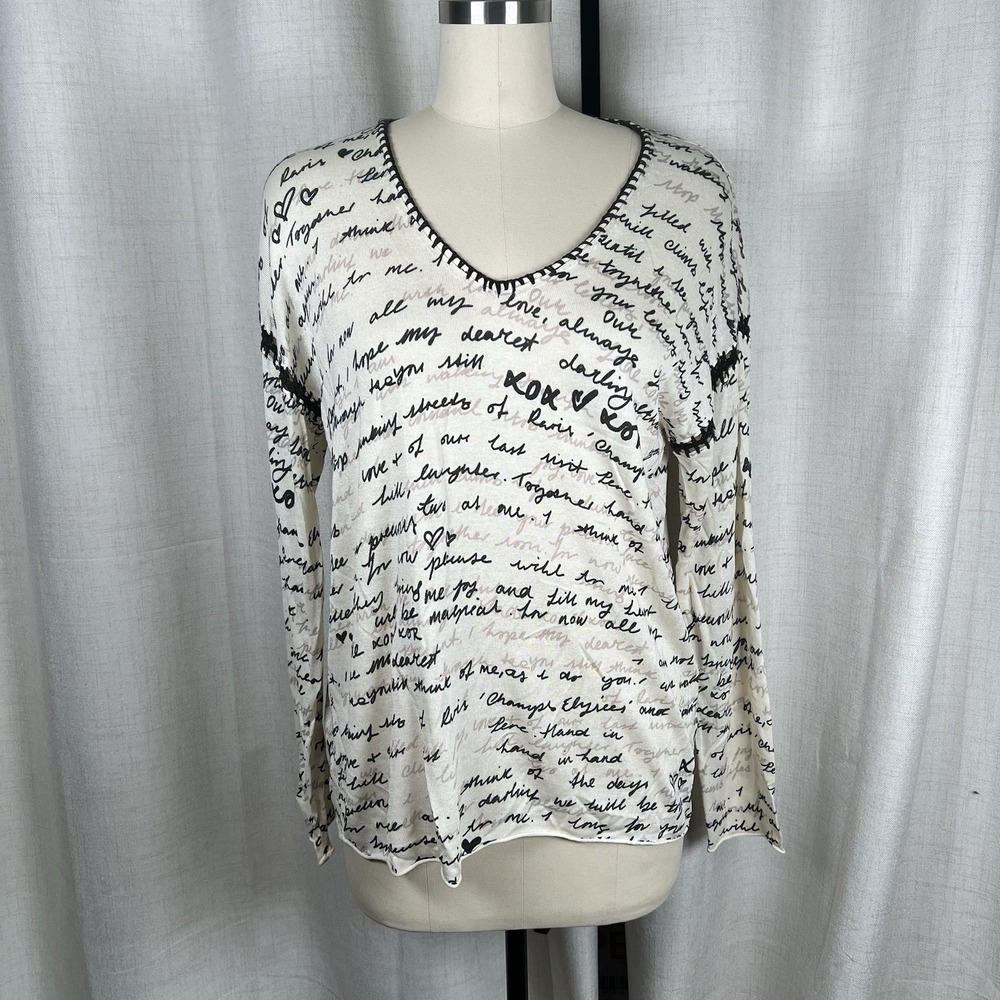 Johnny Was The Whipstitch V-Neck 100% Silk Pullover Love Notes Cream Medium EUC